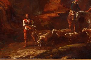 Antonio Travi detto il Sestri, Cerchia di : Paesaggio con rovine e contadini  - Asta Dipinti antichi - Associazione Nazionale - Case d'Asta italiane