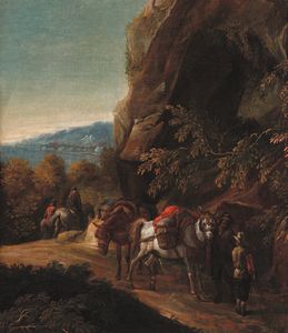 Artista fiammingo attivo a Roma nel XVII secolo Paesaggio con viandanti  - Asta Dipinti antichi - Associazione Nazionale - Case d'Asta italiane