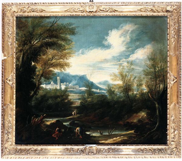 ,Antonio Francesco Peruzzini : Paesaggio fluviale con contadini  - Asta Disegni Antichi - Associazione Nazionale - Case d'Asta italiane