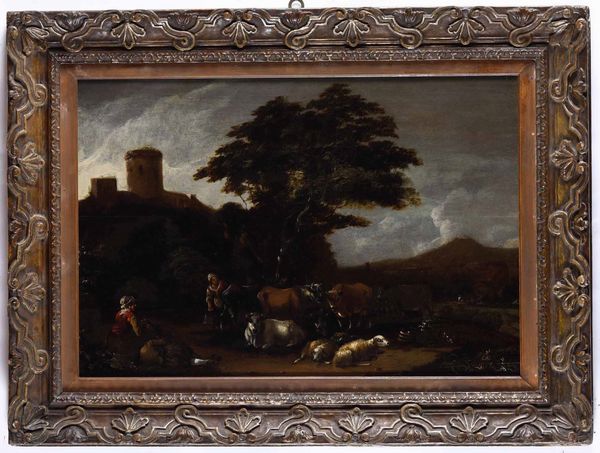Cornelis Saftleven (1607 Gorinchem - 1681 Rotterdam) Paesaggio con pastori e armenti  - Asta Disegni Antichi - Associazione Nazionale - Case d'Asta italiane