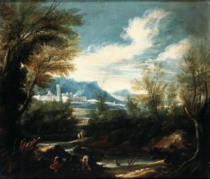 ,Antonio Francesco Peruzzini - Paesaggio fluviale con contadini