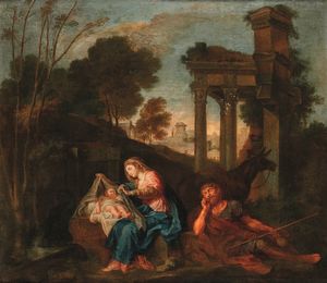 Scuola del XVIII secolo Riposo durante la fuga in Egitto  - Asta Disegni Antichi - Associazione Nazionale - Case d'Asta italiane