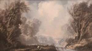 ,Emilio Orsenigo - Paesaggio in stile settecentesco con pescatori in riva a un fiume