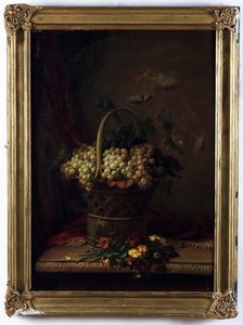 ,Jean-Baptiste Cornillon - Natura morta con cesta colma duva e fiori