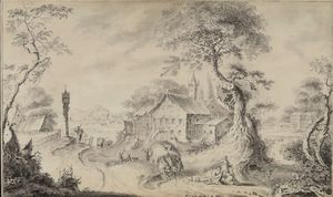 ,Ferdinand Landerer - Veduta di villaggio con pastori e contadini