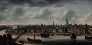 Scuola olandese del XVII secolo Veduta della citt di Anversa  - Asta Disegni Antichi - Associazione Nazionale - Case d'Asta italiane