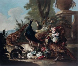 ,Giovanni Crivelli detto il Crivellino - Veduta di giardino con pavoni, fagiano e coniglietti