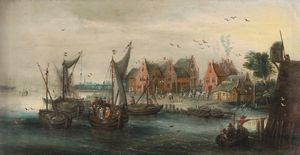 ,Peeter Gijsels : Scorcio con approdo e villaggio  - Asta Disegni Antichi - Associazione Nazionale - Case d'Asta italiane