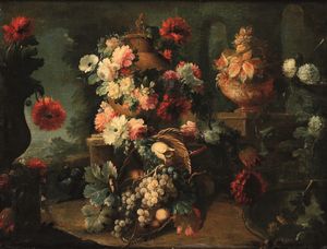 ,Michele Antonio Rapous - Nature morte con frutti e vasi ricolmi di fiori