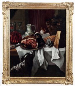 ,Alexandre-François Desportes - Tavola imbandita con cane e gatto