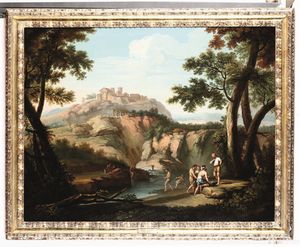 ,Andrea Locatelli - Paesaggio fluviale con personaggi e cittadella sullo sfondo