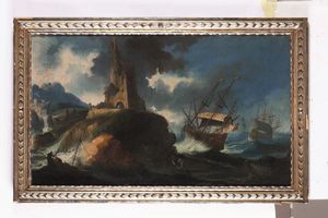 ,Bartolomeo Pedon - Marina in tempesta con velieri
