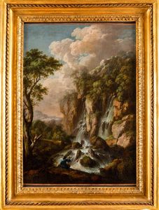 Scuola romana del XVIII secolo Paesaggio fluviale con figura  - Asta Disegni Antichi - Associazione Nazionale - Case d'Asta italiane