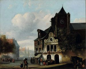 ,Bartholomeus Johannes van Hove - Veduta di strada cittadina con figure