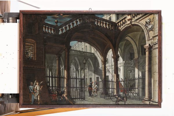 Scuola italiana del XVIII secolo Scorcio architettonico con la liberazione di San Pietro  - Asta Old Masters Paintings - Associazione Nazionale - Case d'Asta italiane