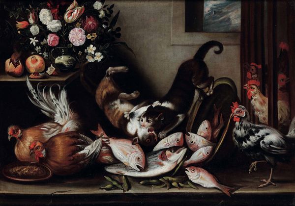 Scuola napoletana del XVIII secolo Natura morta con fiori, frutta, galli, pesci e gatti  - Asta Old Masters Paintings - Associazione Nazionale - Case d'Asta italiane