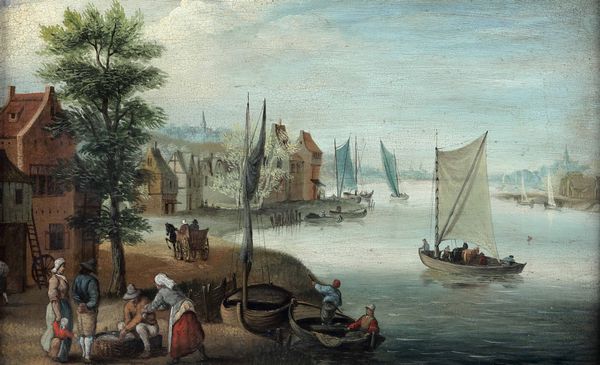 Scuola fiamminga della fine del XVIII secolo Veduta di villaggio lungo il corso di un fiume  - Asta Old Masters Paintings - Associazione Nazionale - Case d'Asta italiane