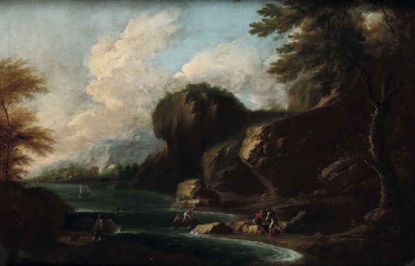 Scuola romana del XVII secolo Paesaggio lacustre con figure  - Asta Old Masters Paintings - Associazione Nazionale - Case d'Asta italiane