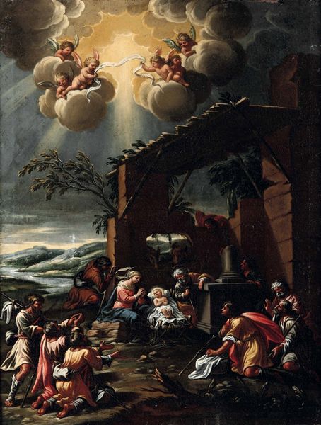 Scuola veneta del XVII secolo Miracolo di San Martino<BR>Adorazione dei Pastori  - Asta Old Masters Paintings - Associazione Nazionale - Case d'Asta italiane