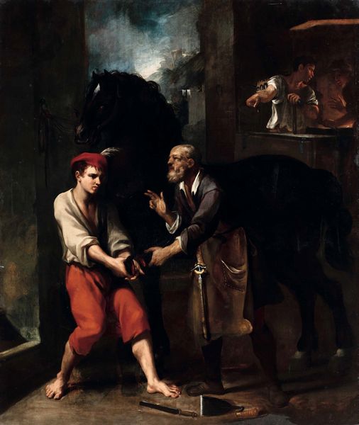 Scuola romana del XVII secolo La bottega del maniscalco  - Asta Old Masters Paintings - Associazione Nazionale - Case d'Asta italiane