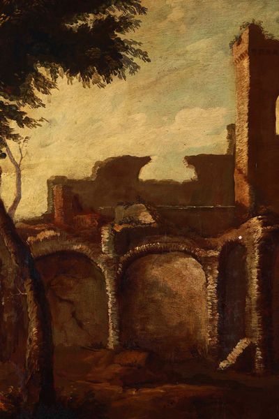 Antonio Travi detto il Sestri, Cerchia di : Paesaggio con rovine e contadini  - Asta Old Masters Paintings - Associazione Nazionale - Case d'Asta italiane