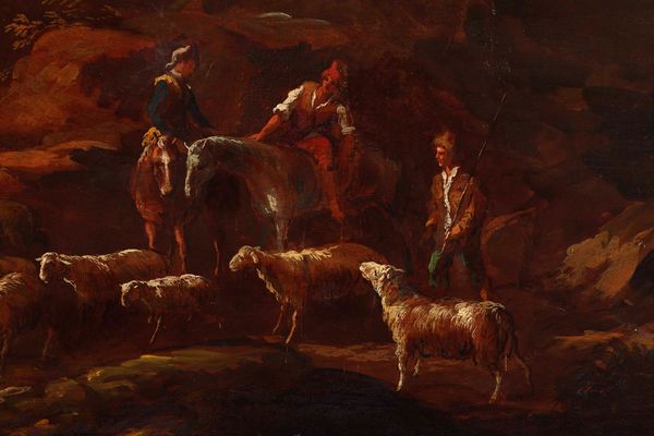 Antonio Travi detto il Sestri, Cerchia di : Paesaggio con rovine e contadini  - Asta Old Masters Paintings - Associazione Nazionale - Case d'Asta italiane