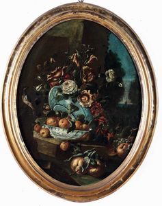 Scuola dell'Italia meridionale della fine del XVII secolo Nature morte con composizioni di fiori, frutti, uccellini e vasellame  - Asta Old Masters Paintings - Associazione Nazionale - Case d'Asta italiane