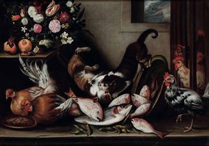 Scuola napoletana del XVIII secolo Natura morta con fiori, frutta, galli, pesci e gatti  - Asta Old Masters Paintings - Associazione Nazionale - Case d'Asta italiane