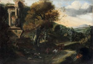 Scuola del XVIII secolo Paesaggio con tempietto  - Asta Old Masters Paintings - Associazione Nazionale - Case d'Asta italiane