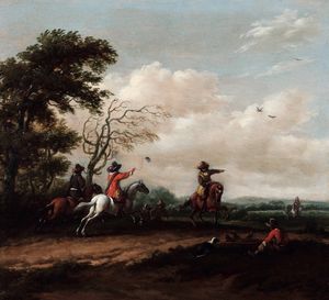 Barend Gael (1630 Haarlem - 1698 Amsterdam) Caccia al falco  - Asta Old Masters Paintings - Associazione Nazionale - Case d'Asta italiane
