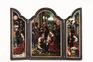 Pieter Coecke van Aelst, Bottega di - Adorazione dei Magi, Annunciazione e Adorazione del Bambino