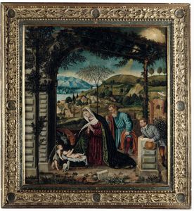 Alessandro Bonvicino detto Moretto da Brescia, Ambito di - Adorazione del Bambino