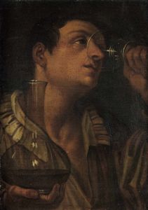 Annibale Carracci, copia da : Il bevitore  - Asta Old Masters Paintings - Associazione Nazionale - Case d'Asta italiane
