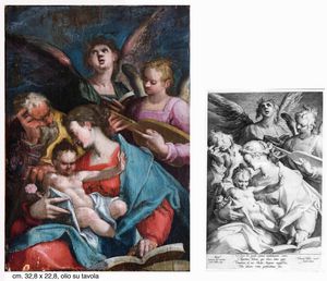 Bartholomäus Spranger, Attribuito a : Sacra Famiglia con angeli  - Asta Old Masters Paintings - Associazione Nazionale - Case d'Asta italiane