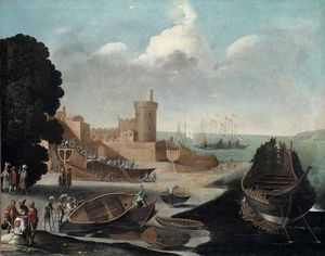 Agostino Tassi, Attribuito a : Veduta con fortificazione e cantiere navale  - Asta Old Masters Paintings - Associazione Nazionale - Case d'Asta italiane