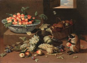Jan Van Kessel, Scuola di - Natura morta con frutti e scimmietta