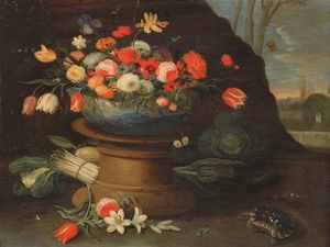 Jan Van Kessel, nei modi di : Natura morta con vaso di fiori, verdure e tartaruga  - Asta Old Masters Paintings - Associazione Nazionale - Case d'Asta italiane