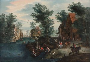 Peeter Gijsels, Attribuito a - Scorci di villaggio con figure