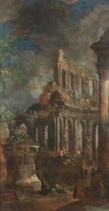 Scuola romana del XVIII secolo Capricci con rovine classiche e figure  - Asta Old Masters Paintings - Associazione Nazionale - Case d'Asta italiane