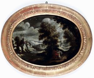 Scuola fiamminga del XVII secolo Fuga in Egitto<BR>Giacobbe e l'Angelo  - Asta Old Masters Paintings - Associazione Nazionale - Case d'Asta italiane