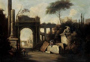 Marco Ricci, Attribuito a - Capriccio architettonico con rovine e figure