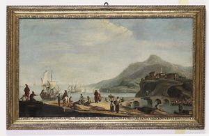 Francesco Simonini - Veduta con ponte, imbarcazioni e personaggi sulla riva
