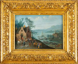 Scuola fiamminga del XVIII secolo Osteria con figure e citt� di porto sullo sfondo  - Asta Old Masters Paintings - Associazione Nazionale - Case d'Asta italiane