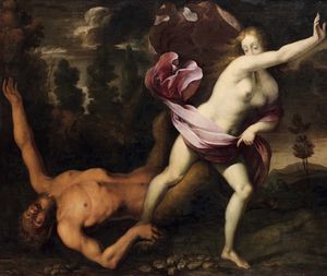Scuola lombarda del XVII secolo Il satiro e la ninfa  - Asta Old Masters Paintings - Associazione Nazionale - Case d'Asta italiane