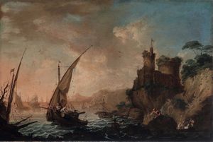 Gaetano Ottani : Veduta costiera con imbarcazioni e pescatori  - Asta Old Masters Paintings - Associazione Nazionale - Case d'Asta italiane