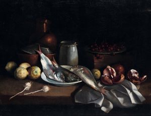 Nicola Levoli, Attribuito a - Natura morta con pesci e melograni