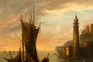 Scuola del XIX secolo Veduta di porto con velieri e faro  - Asta Old Masters Paintings - Associazione Nazionale - Case d'Asta italiane