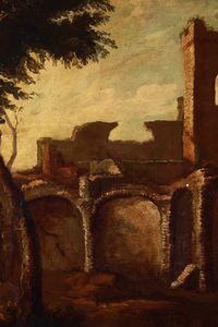 Antonio Travi detto il Sestri, Cerchia di : Paesaggio con rovine e contadini  - Asta Old Masters Paintings - Associazione Nazionale - Case d'Asta italiane