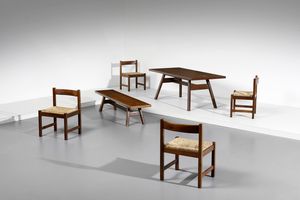 MICHELUCCI GIOVANNI (1891 - 1990) - Tavolo, panca e quattro sedie della serie Torbecchia per Poltronova