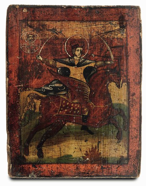 San Michele Arcangelo cavaliere dellapocalisse. Icona su tavola. Scuola russa del XIX secolo  - Asta Argenti antichi  - Associazione Nazionale - Case d'Asta italiane